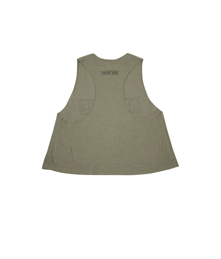 Back view of the Influencer Next Level Racerback Cropped Tank top in olive green with NICERIDE logo.