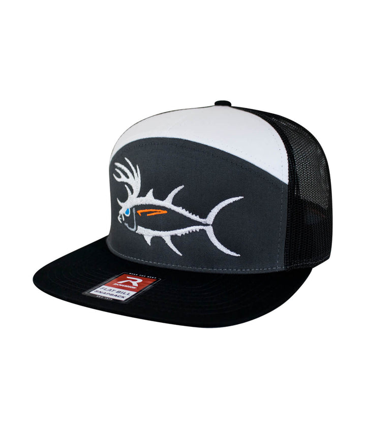 BUCK-EYE Explorer 7 Panel Trucker Hat for men and women with embroidered design, perfect accessory for outdoor adventures.