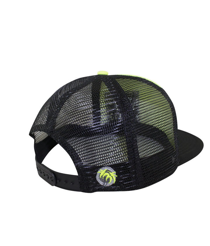 Rear view of NR Trucker hat showcasing black mesh and neon logo, perfect for casual outfits and outdoor activities.