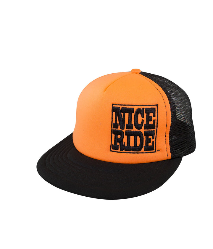 NR Trucker hat in orange and black with "NICE RIDE" embroidered, perfect for casual wear.