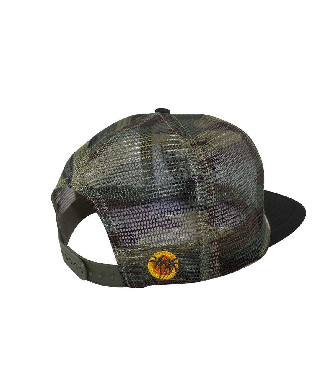 Back view of NR Trucker hat featuring camo mesh and classic palm logo, perfect for outdoor adventures.