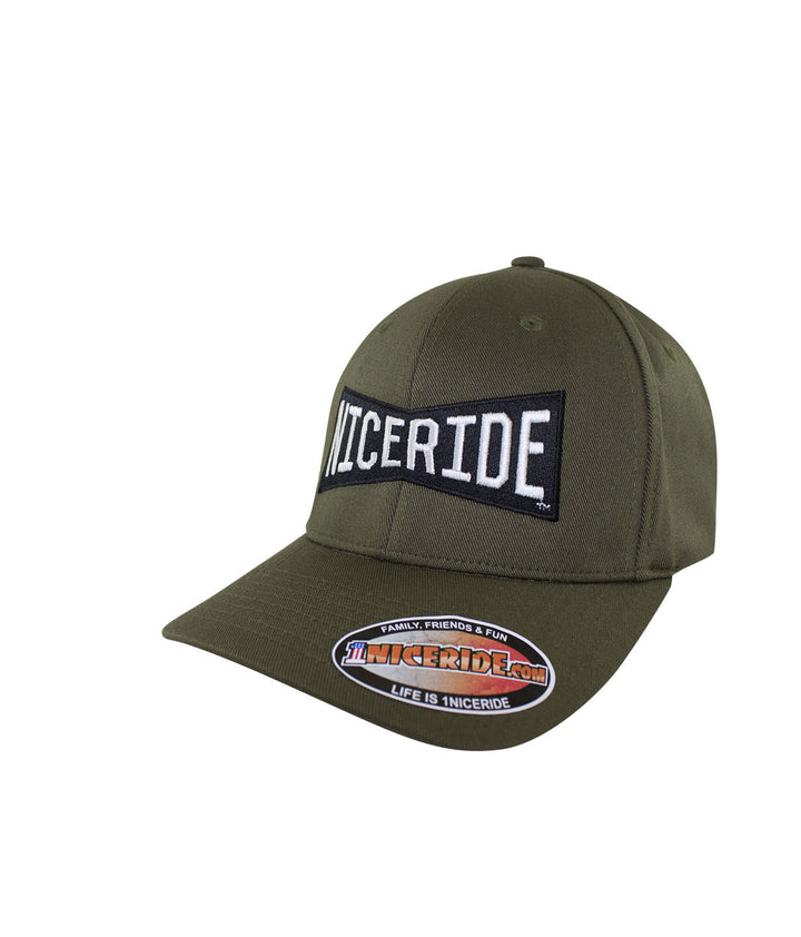 Classic Flexfit hat featuring NICERIDE logo in black on olive green cap, perfect for casual wear.