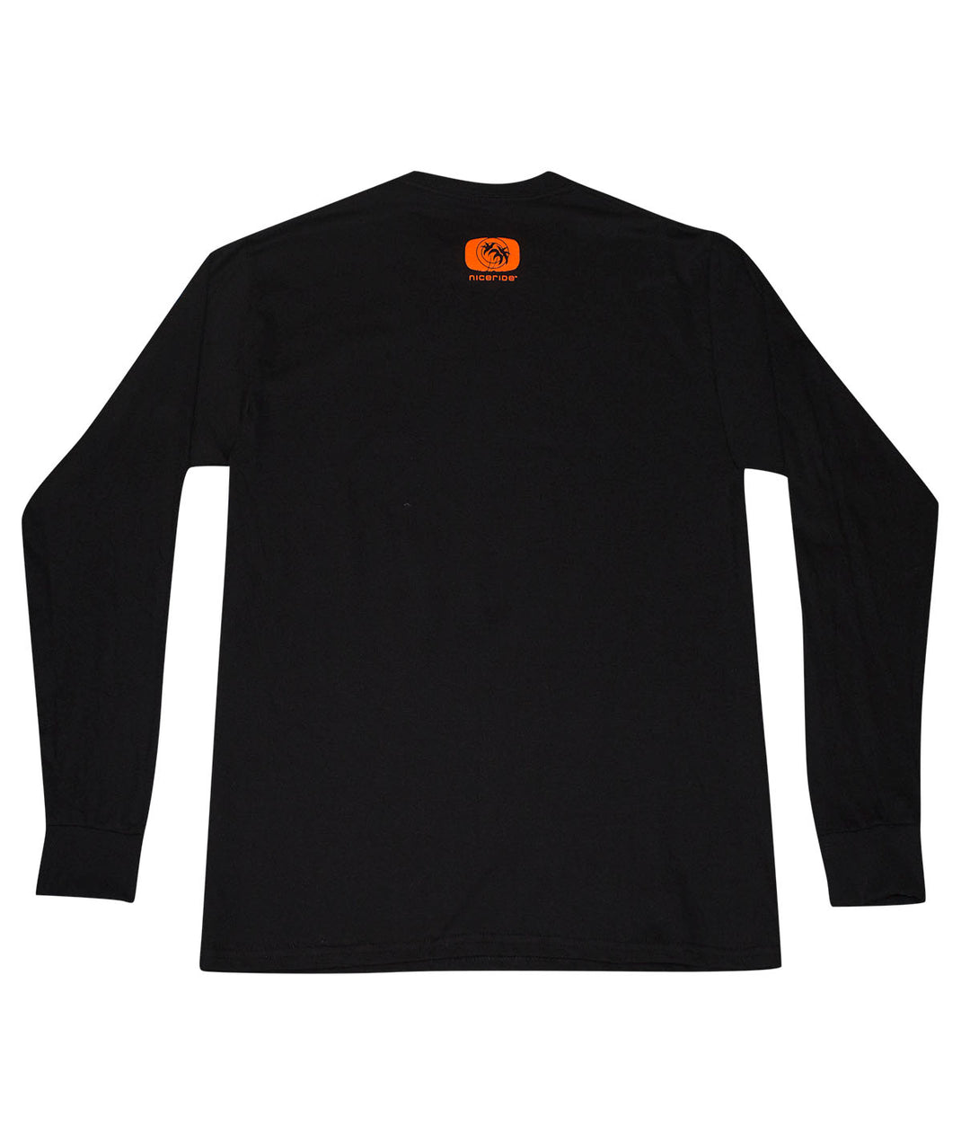 Back view of the "Bold Tower" black long sleeve mens shirt featuring NICERIDE palm logo on the rear center yoke.