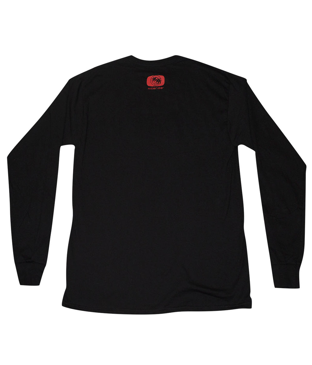 Back view of Bold Tower black long sleeve shirt for men featuring NICERIDE palm logo on rear yoke.
