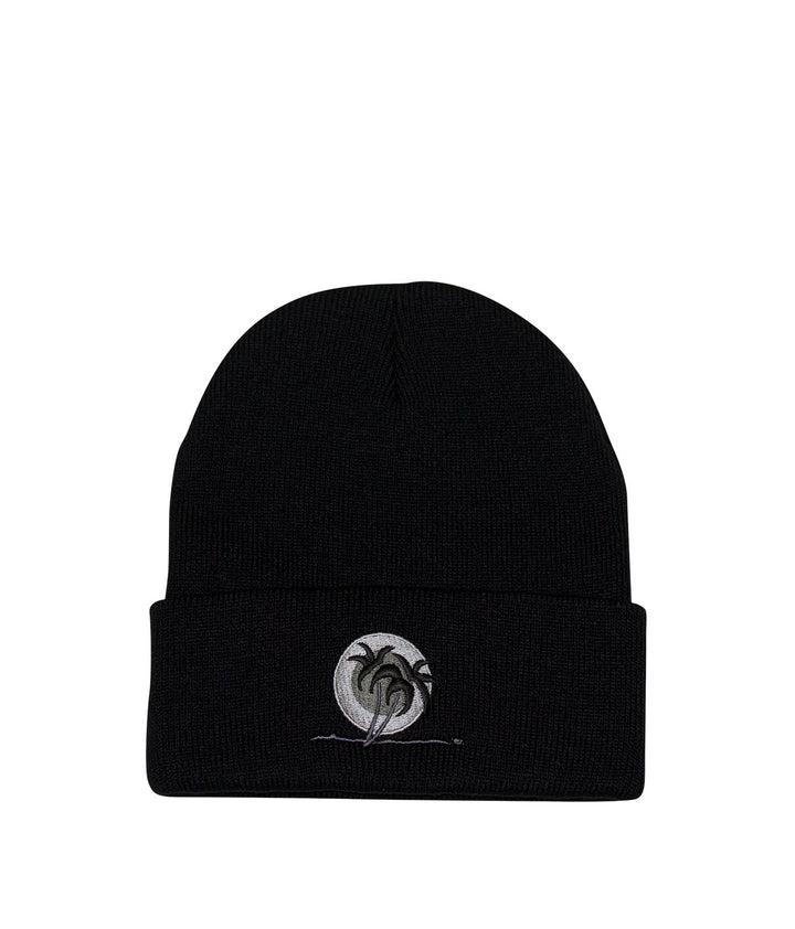 Blacked Out Classic Palm beanie featuring embroidered logo on a black knit hat.