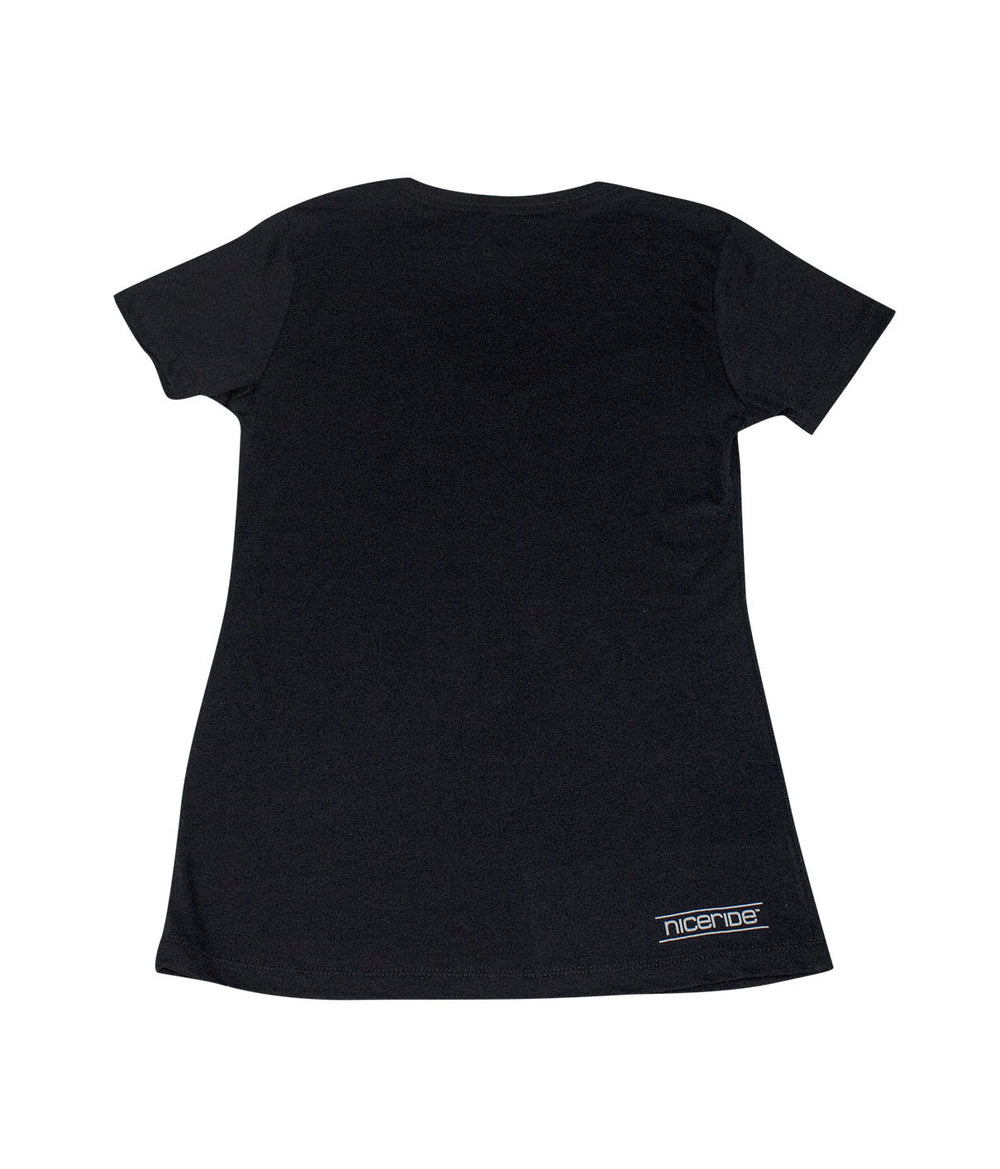 Back view of NICERIDE's black women's shirt with short sleeves and logo printed on the back right hip.