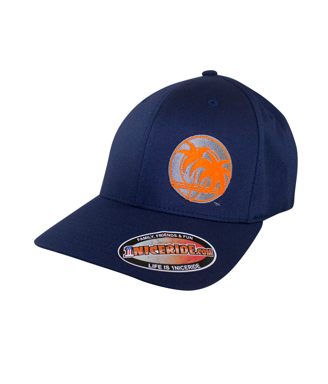 Retro Palm Classic Flexfit Hat with NICERIDE logo, designed in the USA, front side view, perfect summer accessory.