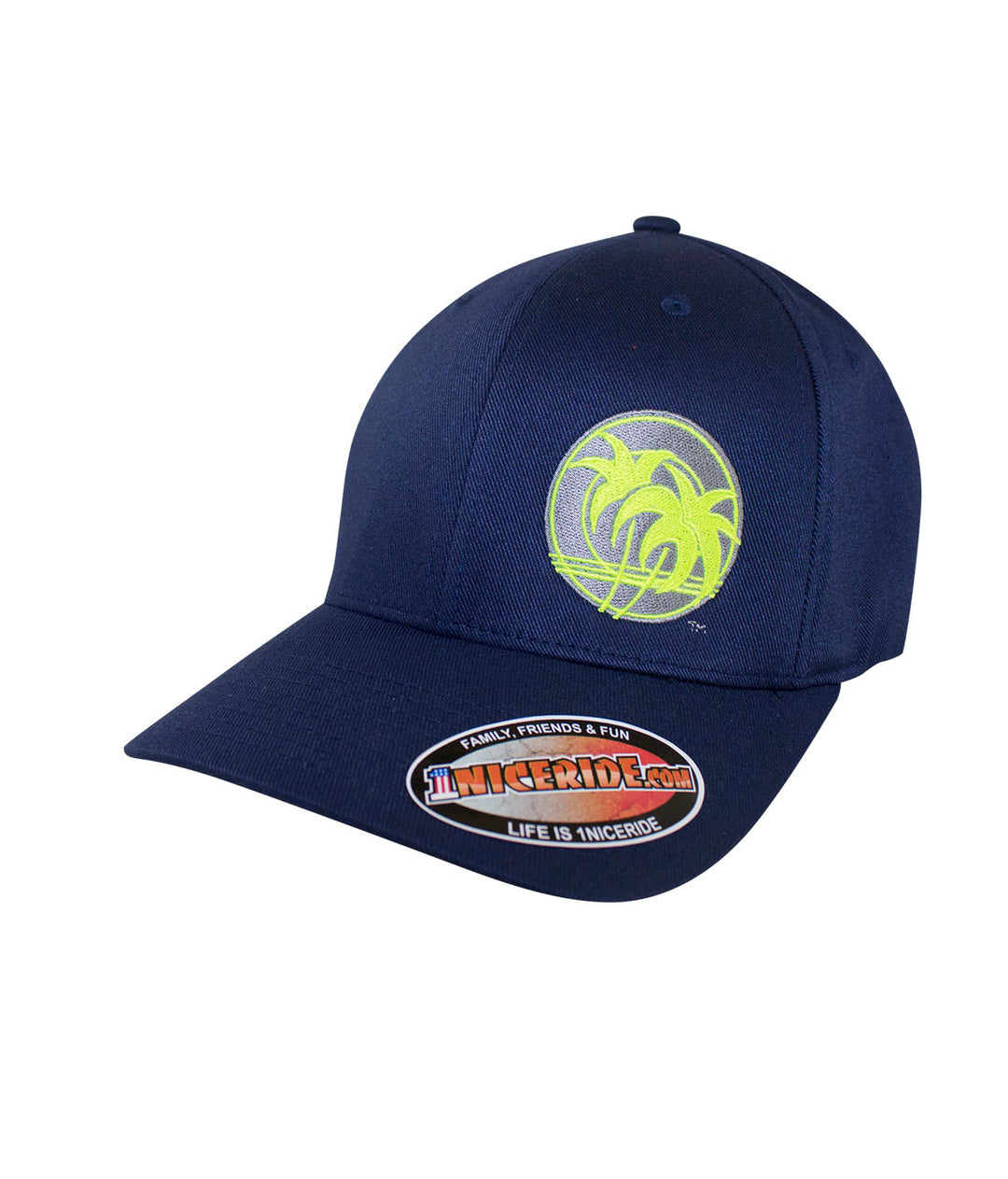 Retro Palm Classic Flexfit Hat featuring embroidered logo, perfect summer accessory.