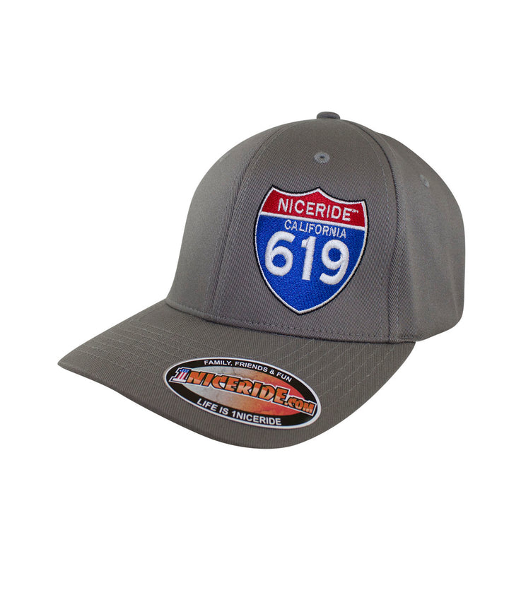 Interstate 619 Classic Flexfit Hat featuring NICERIDE logo and shield design, perfect hat for casual wear.