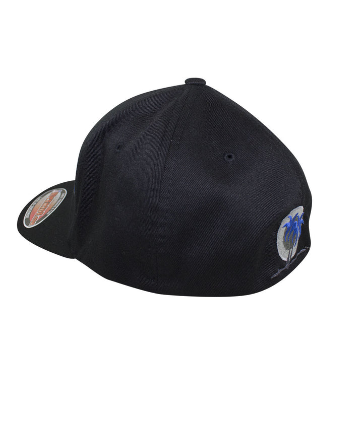 Back view of Bold Tower black classic Flexfit hat showcasing palm logo embroidery.