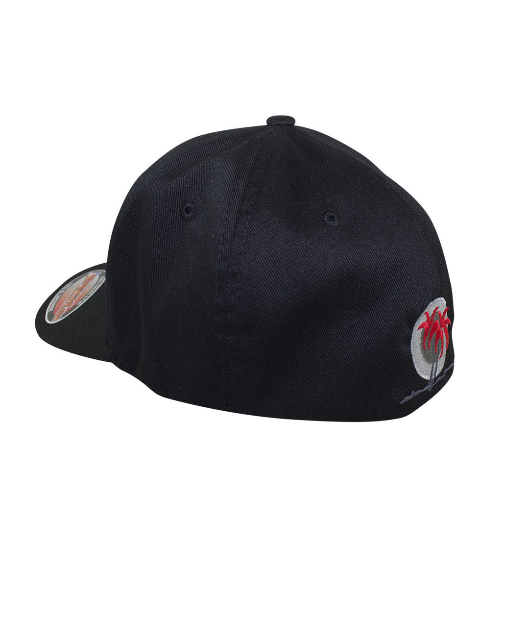 Black Classic Flexfit Hat featuring palm logo embroidery on the back, a stylish addition to any hat collection.