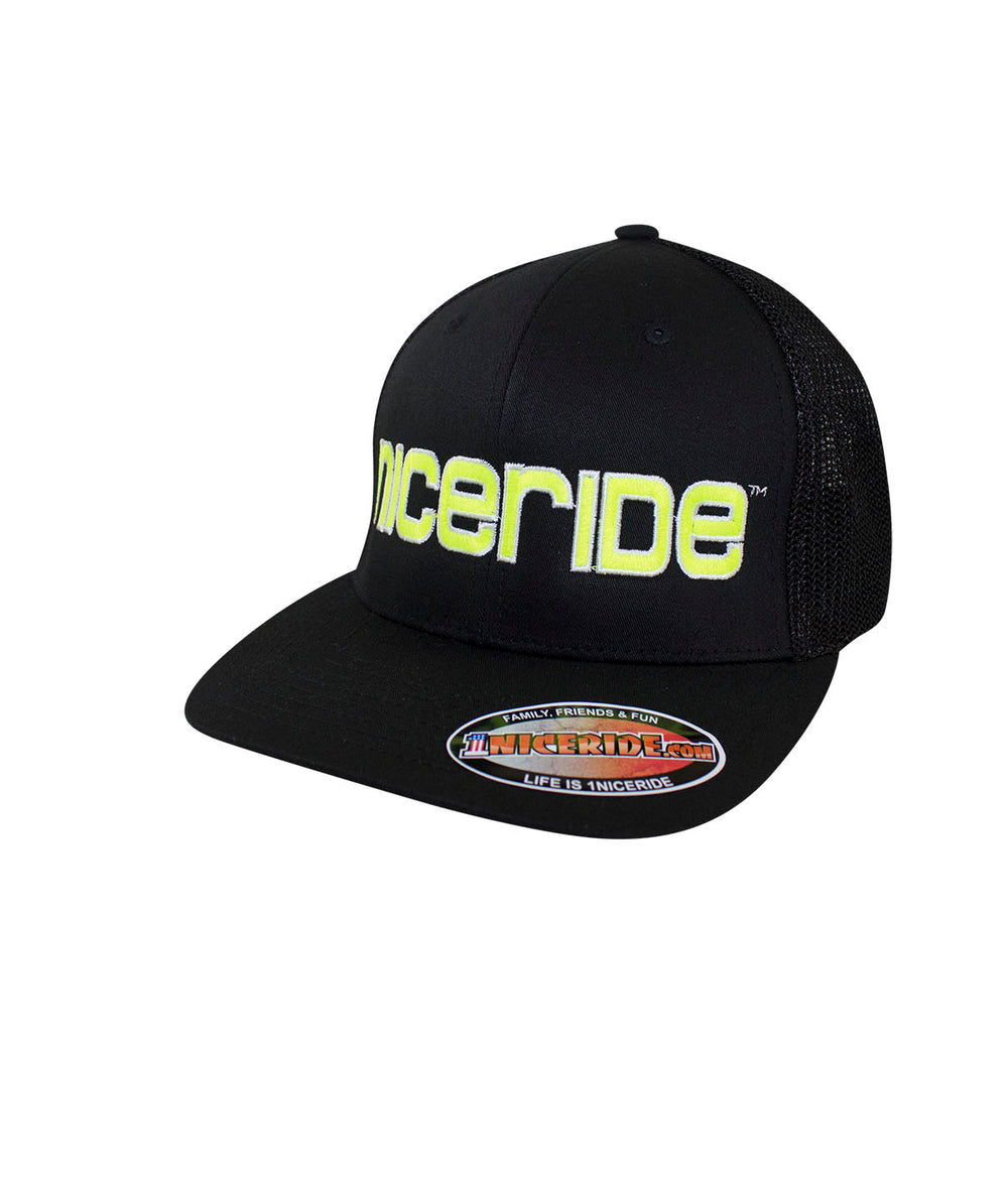 Black Meshback Flexfit Hat with NICERIDE logo, stylish hat for casual wear.