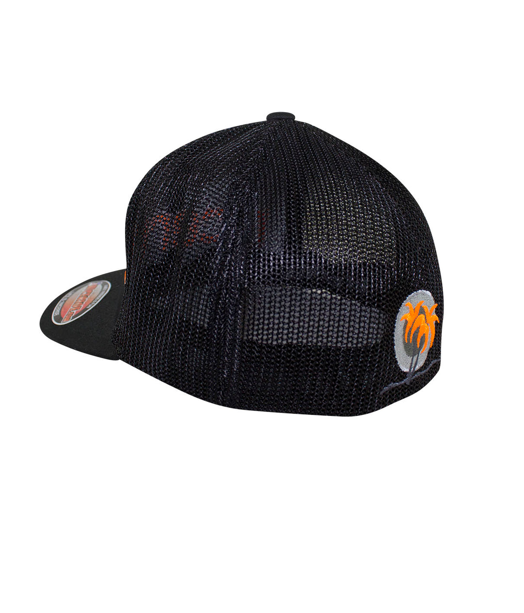 Back view of the Bold Tower Black Meshback Flexfit Hat featuring classic palm logo.