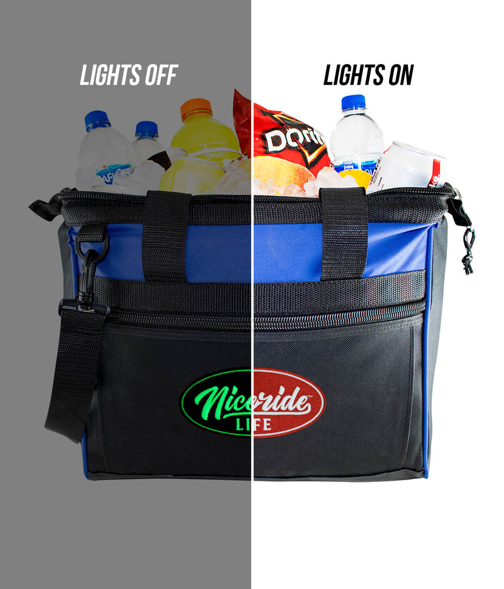 Big mouth cooler with drinks inside, featuring 'Lights Off' and 'Lights On' contrast.