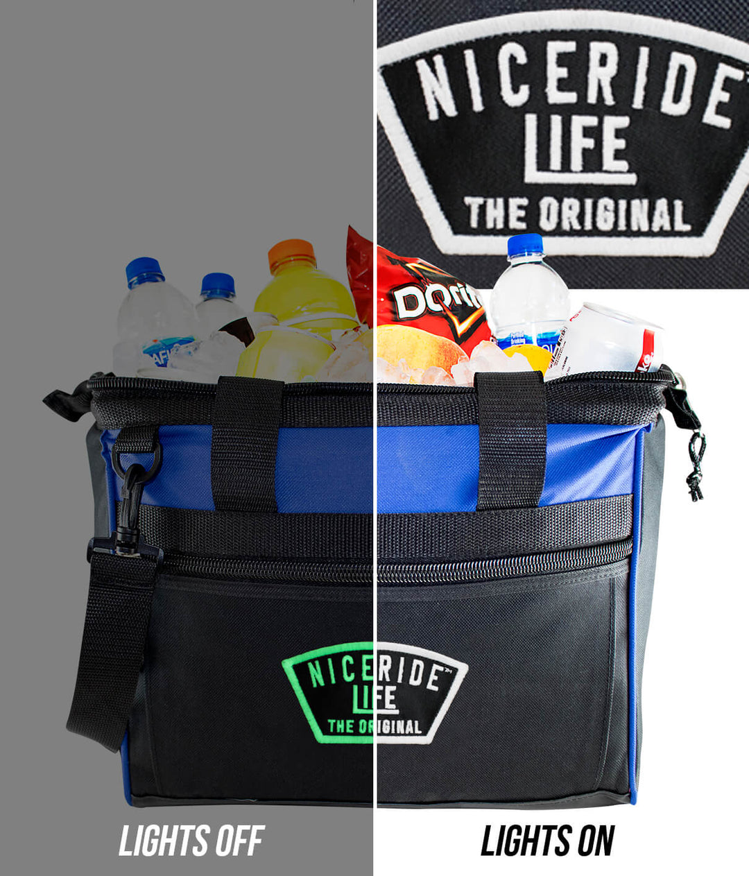 Grinder cooler with drinks inside, showing 'Niceride Life' logo, lights off and on for visibility, perfect for any outing.