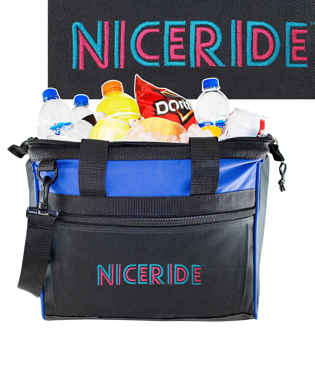 Big mouth cooler with 'NICERIDE' logo, filled with drinks and snacks, perfect for outdoor activities and picnics.