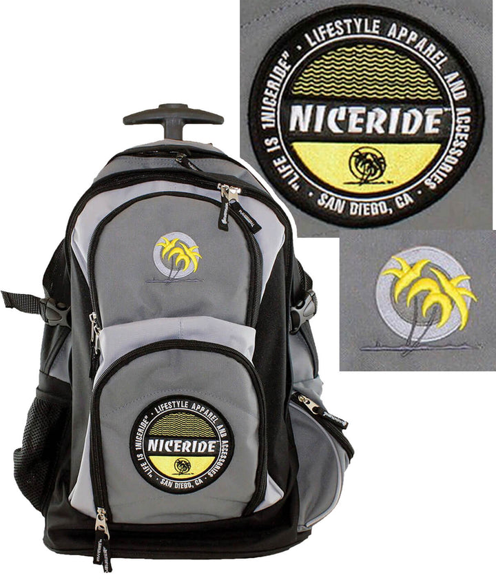 Black and grey Hall Pass backpack with wheels, NICERIDE Badge, and palm logo for travel.