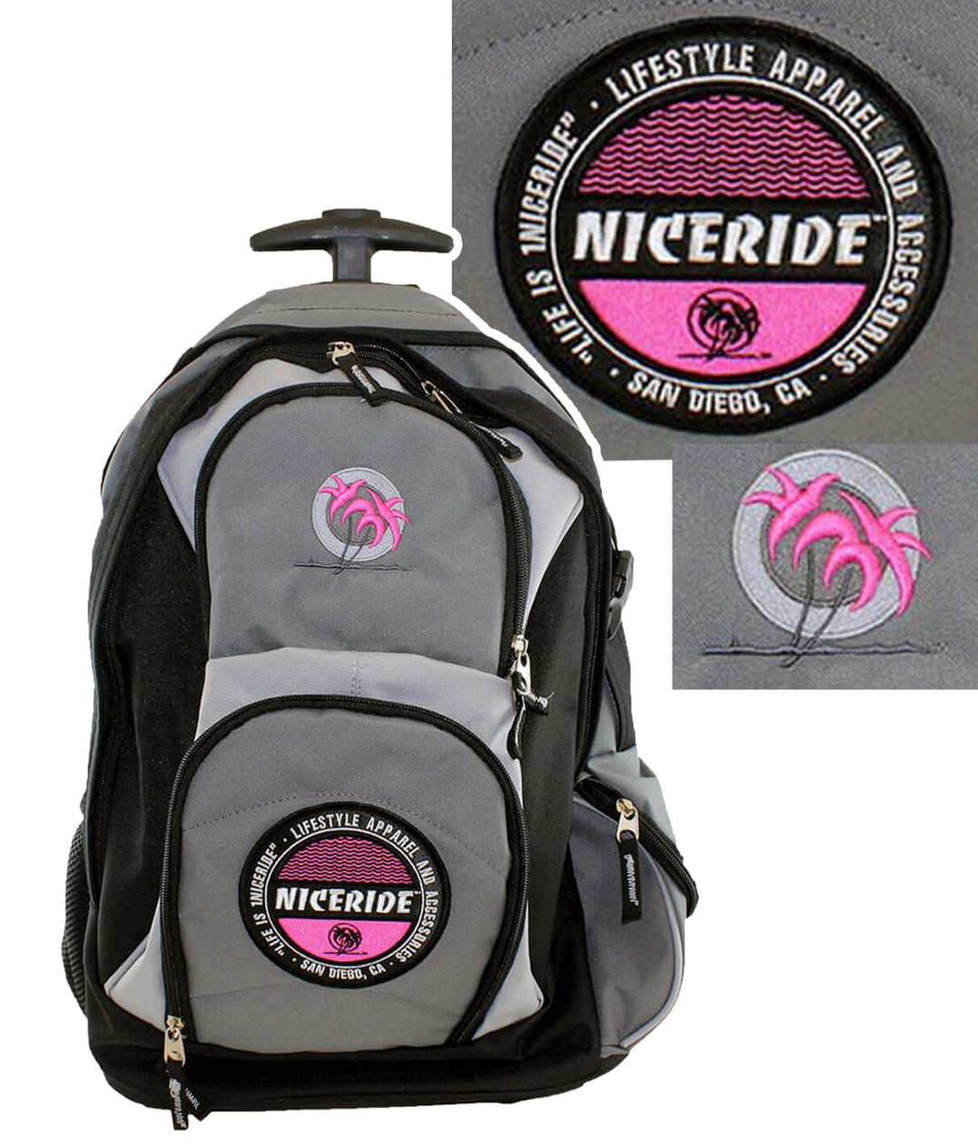 Hall Pass backpack with wheels, grey and black design, and NICERIDE Badge patch for stylish travel.