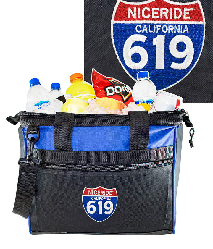 Interstate 619 cooler filled with drinks, featuring embroidered logo and detachable shoulder strap.