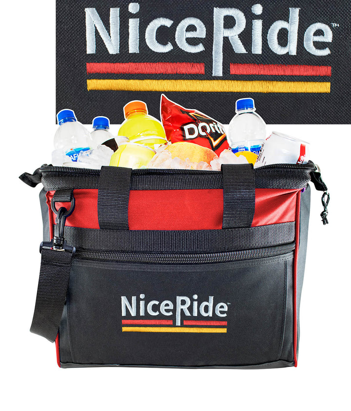 Big mouth cooler filled with drinks and snacks, featuring the Nice Ride logo on the side.