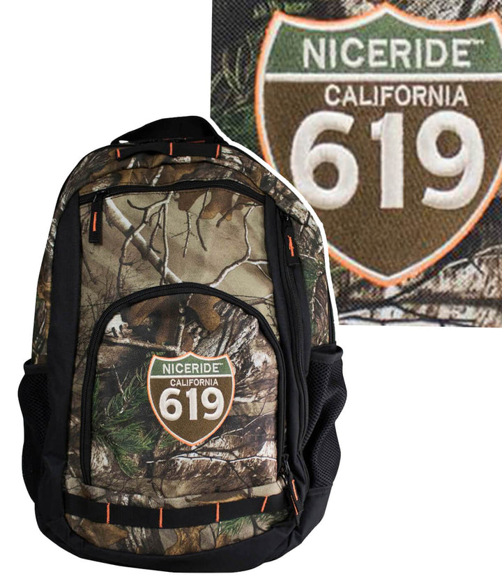 NICERIDE 619 camouflage backpack featuring an embroidered logo, ideal for everyday use and outdoor activities.