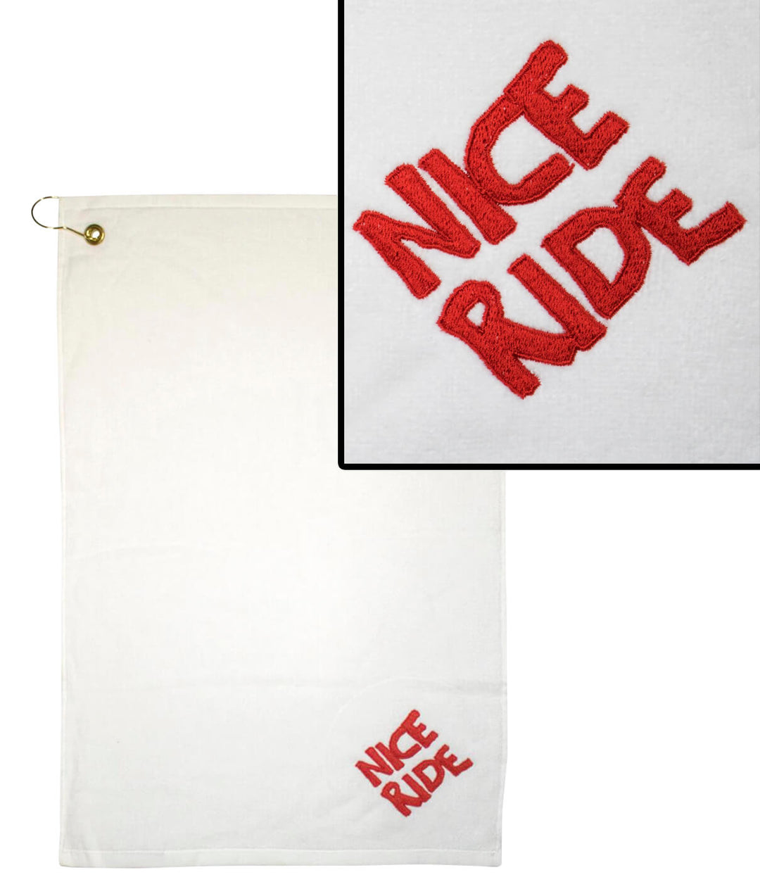 CR Ride golf towel featuring vibrant red embroidery on premium cotton fabric, perfect for avid golfers.