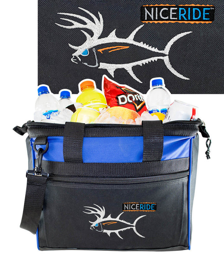 Cooler bag filled with drinks and snacks, featuring a fish logo and the NicRide brand. Perfect for outdoor activities.