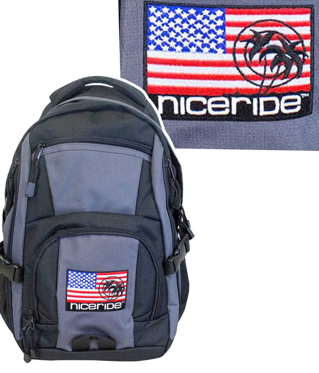 Niceride Pride backpack in black and grey, featuring American flag embroidery for everyday use.