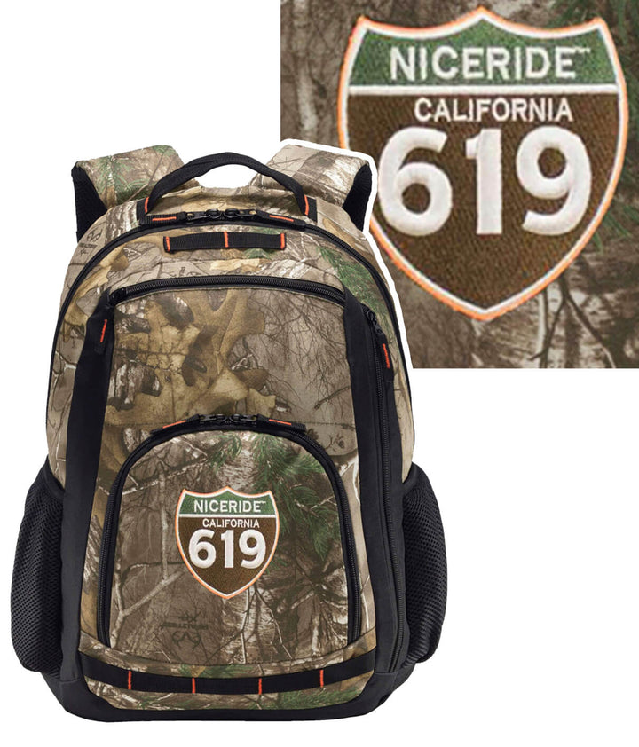 INTERSTATE 619 camo backpack featuring Realtree Xtra design and NICERIDE logo.