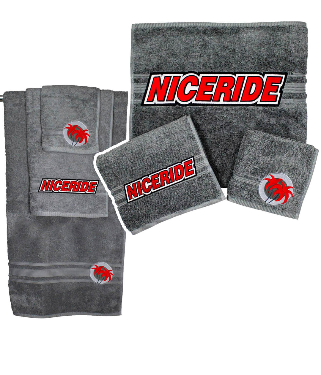 Slick 3 Piece Towel Set featuring soft gray towels with embroidered NICERIDE logo for ultimate comfort.