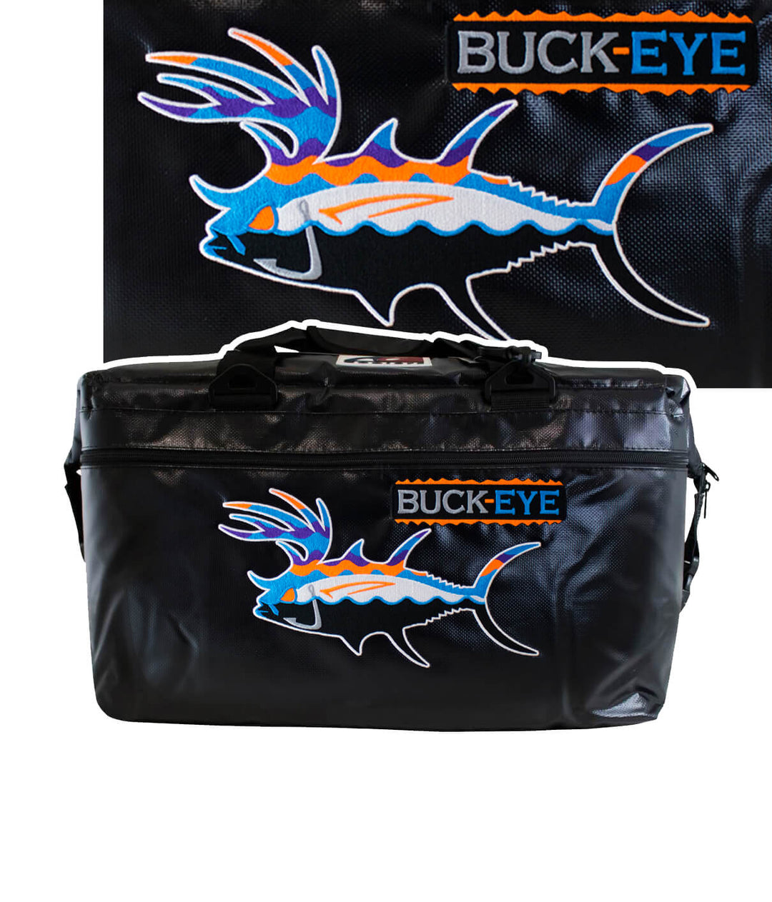 Black vinyl soft cooler with colored embroidery logo