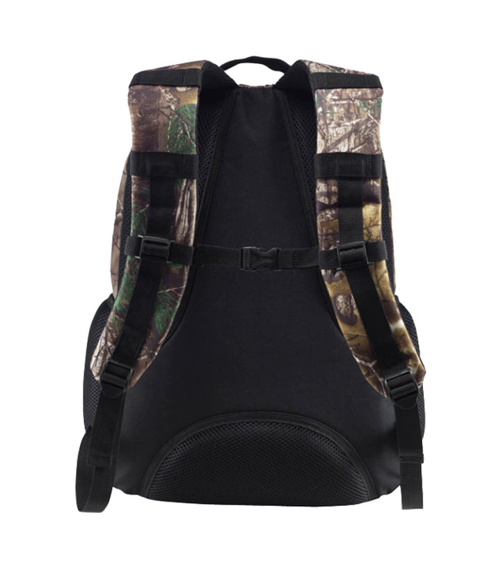 Buck-Eye Explorer camo backpack with Realtree Xtra design and padded straps on a black background.