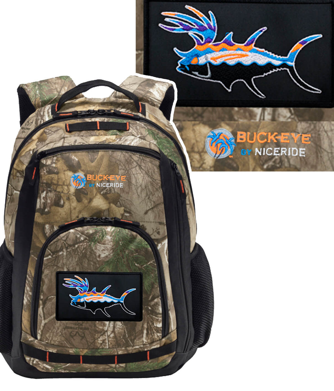 A camouflage backpack with a fish patch on it.
