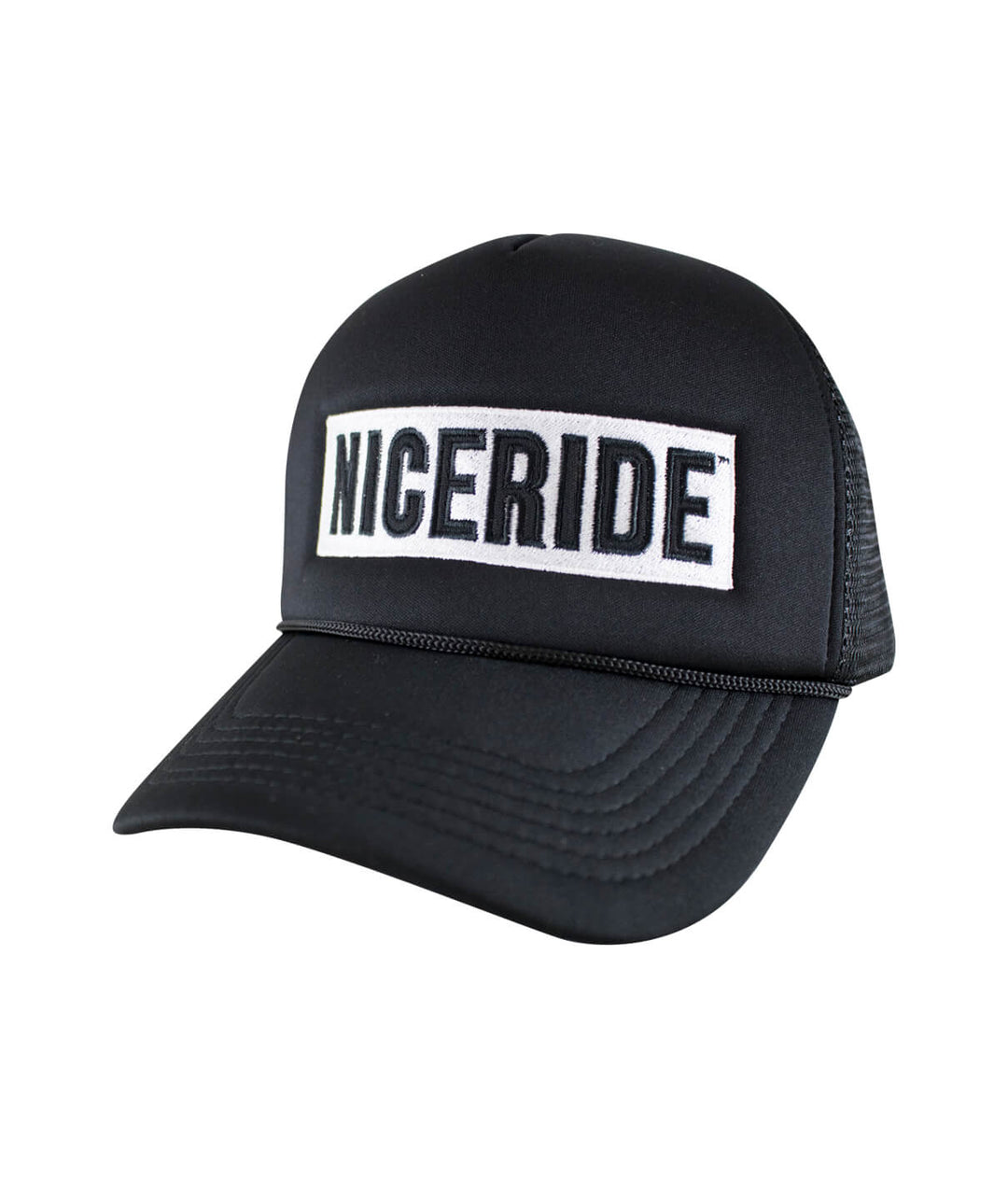 Black Foam Trucker Cap with NICERIDE embroidered design, perfect cap for casual wear.