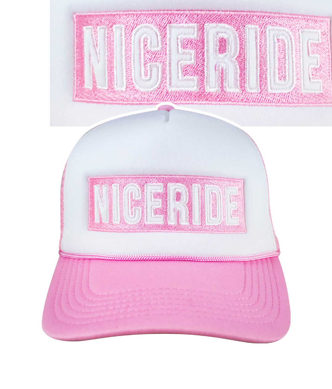 Influencer Foam Trucker Cap with NICERIDE embroidery, stylish pink accents, perfect cap for casual wear.