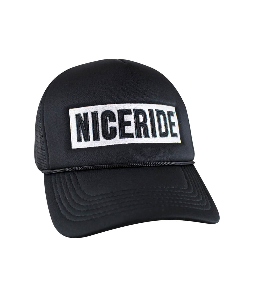 Black Foam Trucker Cap with NICERIDE embroidered on the front, stylish cap for casual wear.