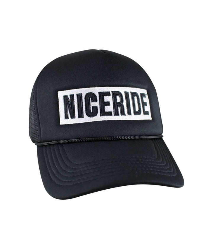 Black Foam Trucker Cap with NICERIDE embroidered on the front, stylish cap for casual wear.