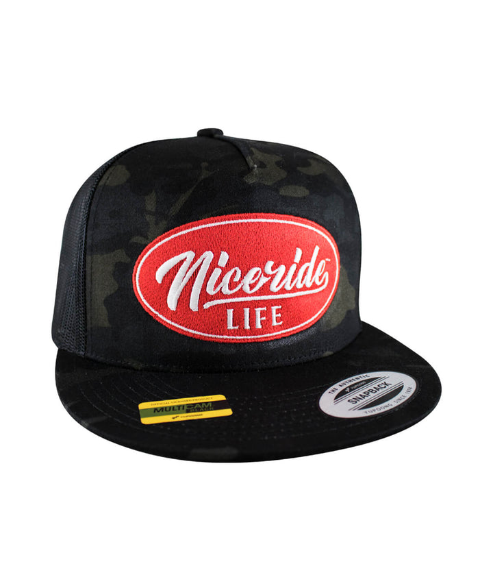 NICERIDE Life unisex trucker cap with red logo on black camo design, perfect for casual wear.