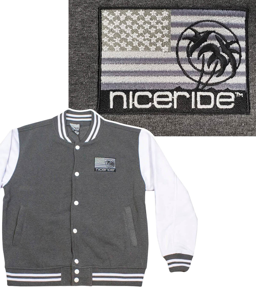 NICERIDE Strong jacket featuring an American flag and embroidered design on the chest.