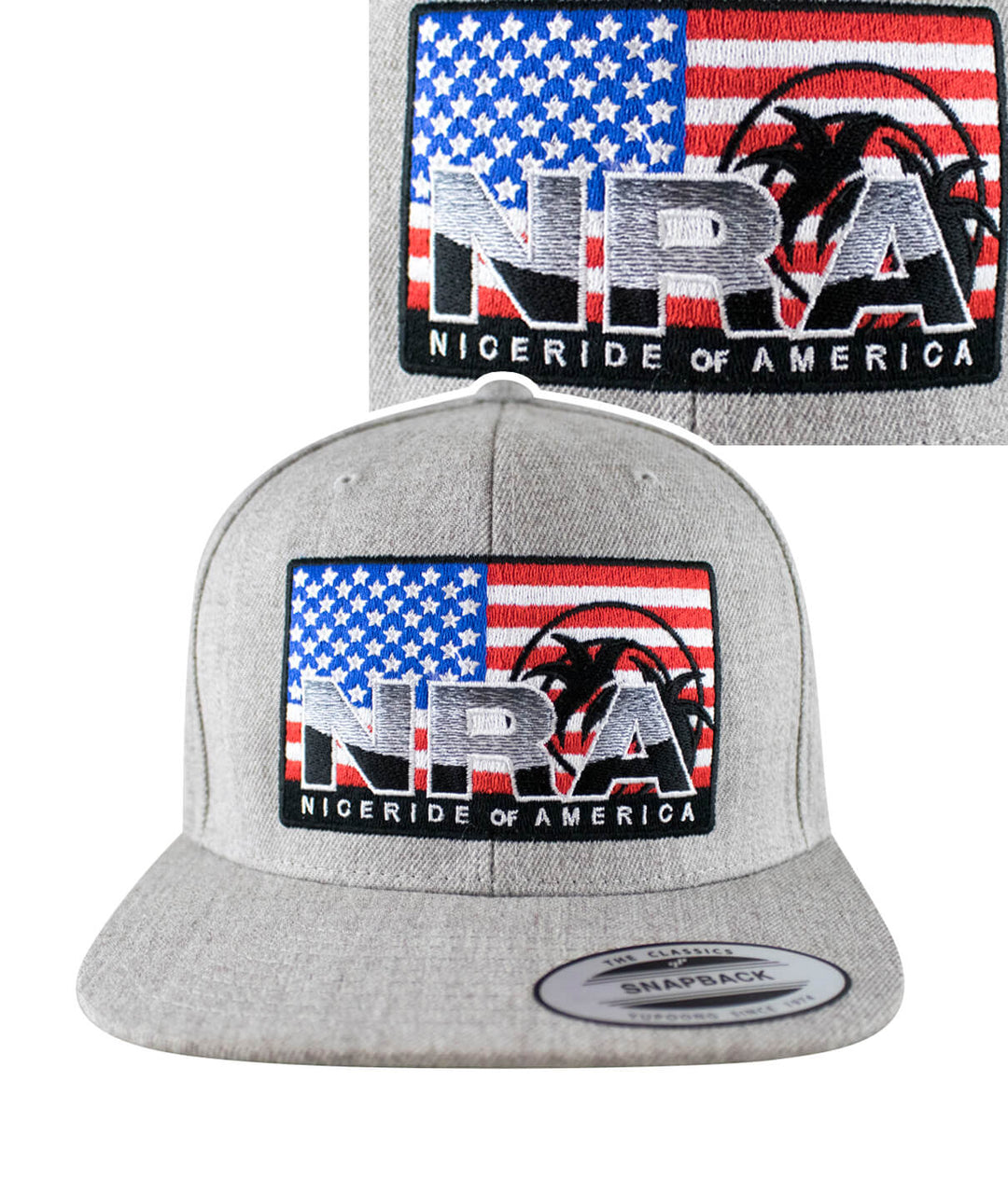 NRA Flatbill Snapback Hat featuring embroidered design with American flag on a gray baseball cap.