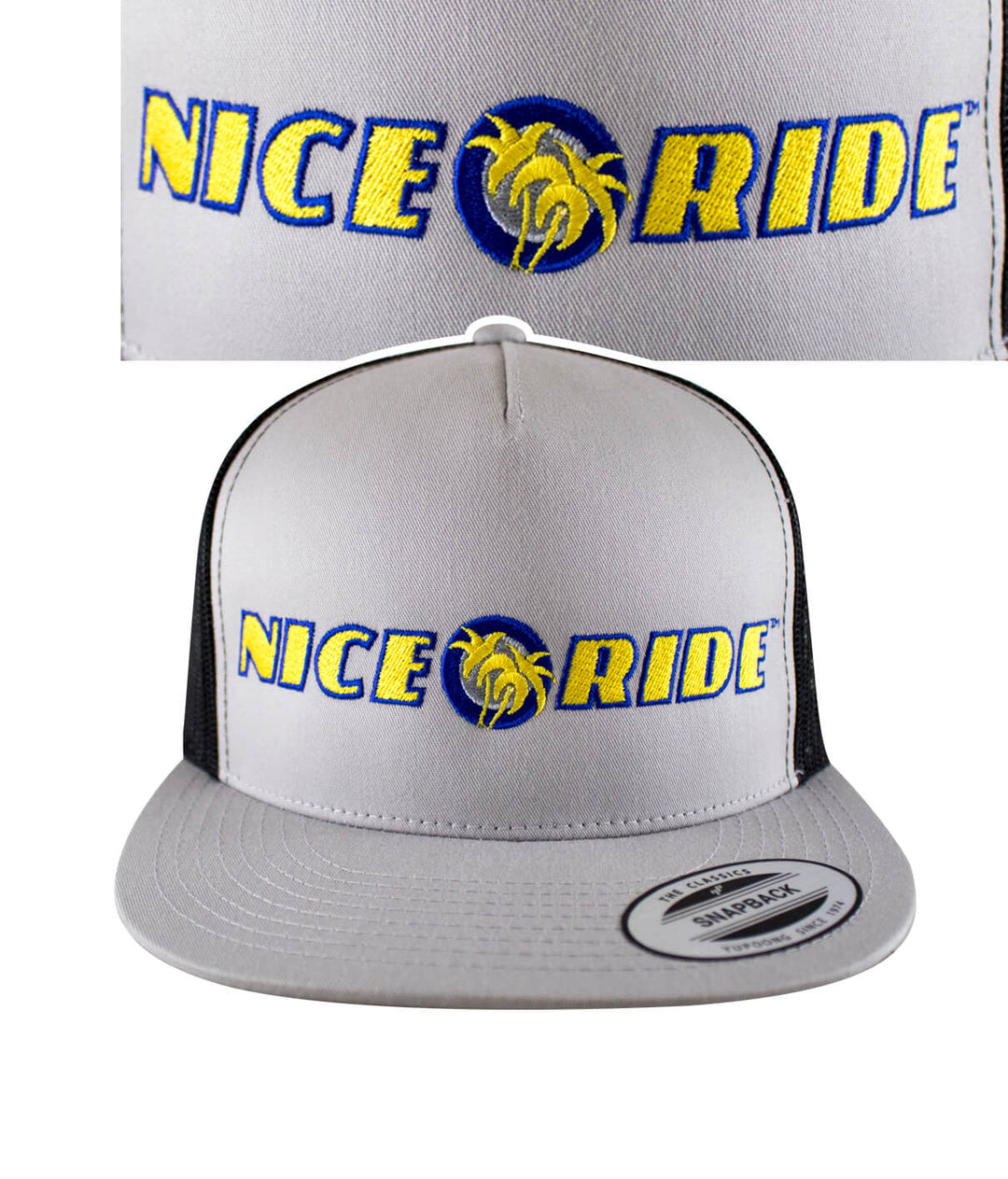 Zephir Trucker Hat with NICE RIDE logo embroidered on front panel and Classic Palm design.