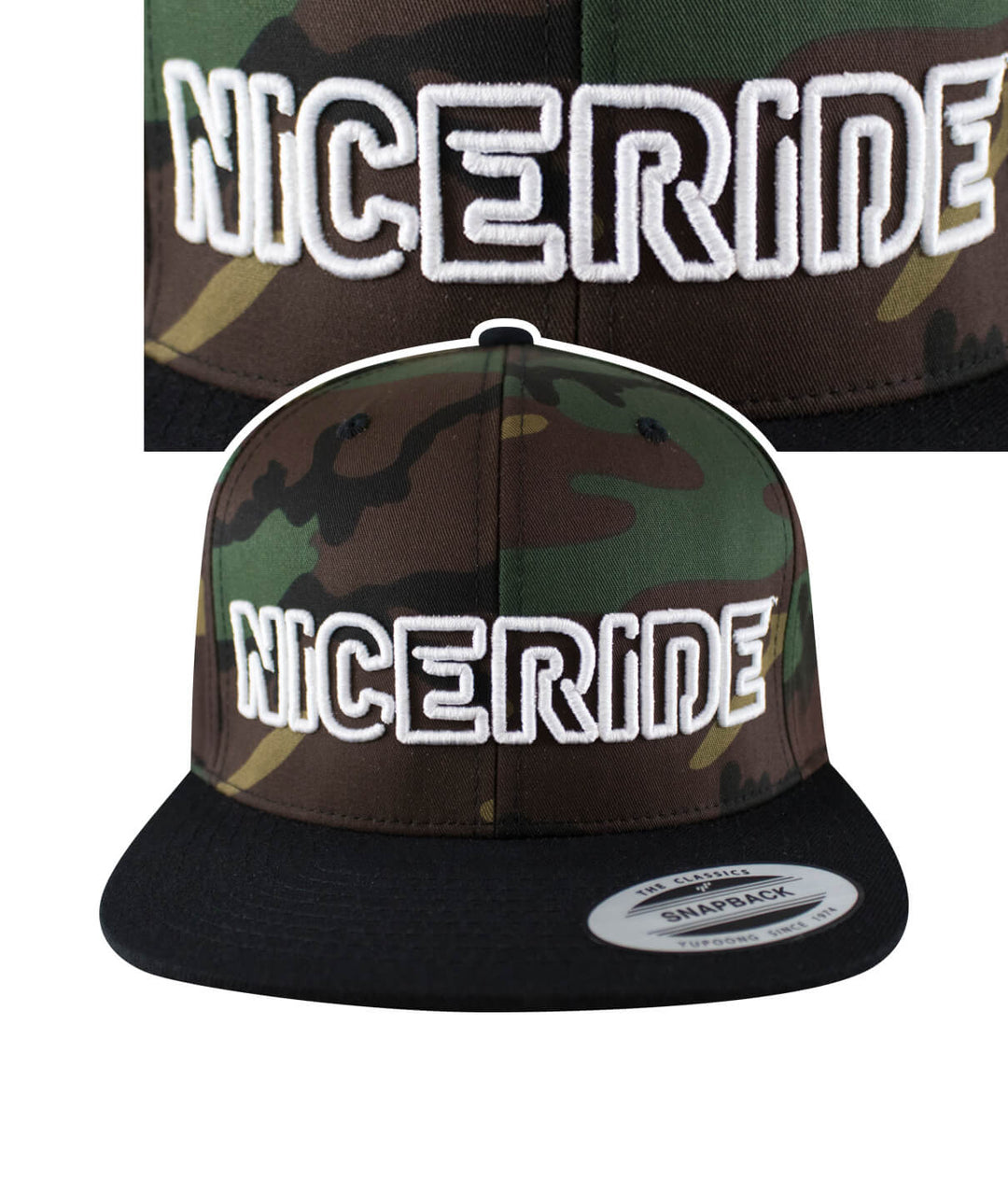 NICERIDE camo snapback hat with embroidered lettering and black visor, perfect for casual wear