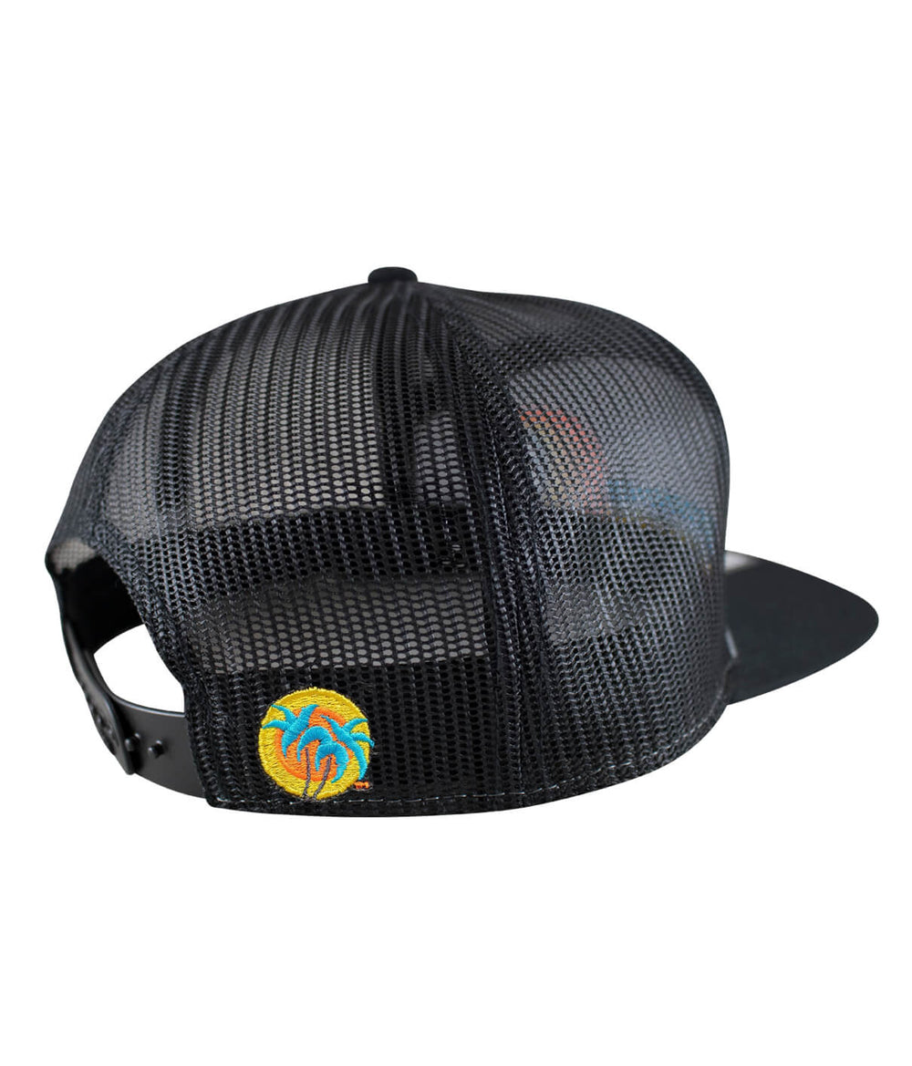 Back view of Tasty Waves 7 Panel Unisex Adjustable Trucker Baseball Cap featuring embroidered palm logo.