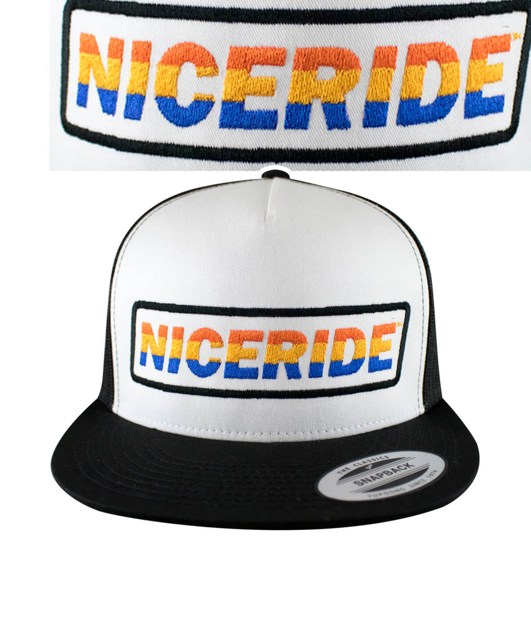 AM-PM Trucker Hat featuring NICERIDE embroidered design on a classic snapback style hat.