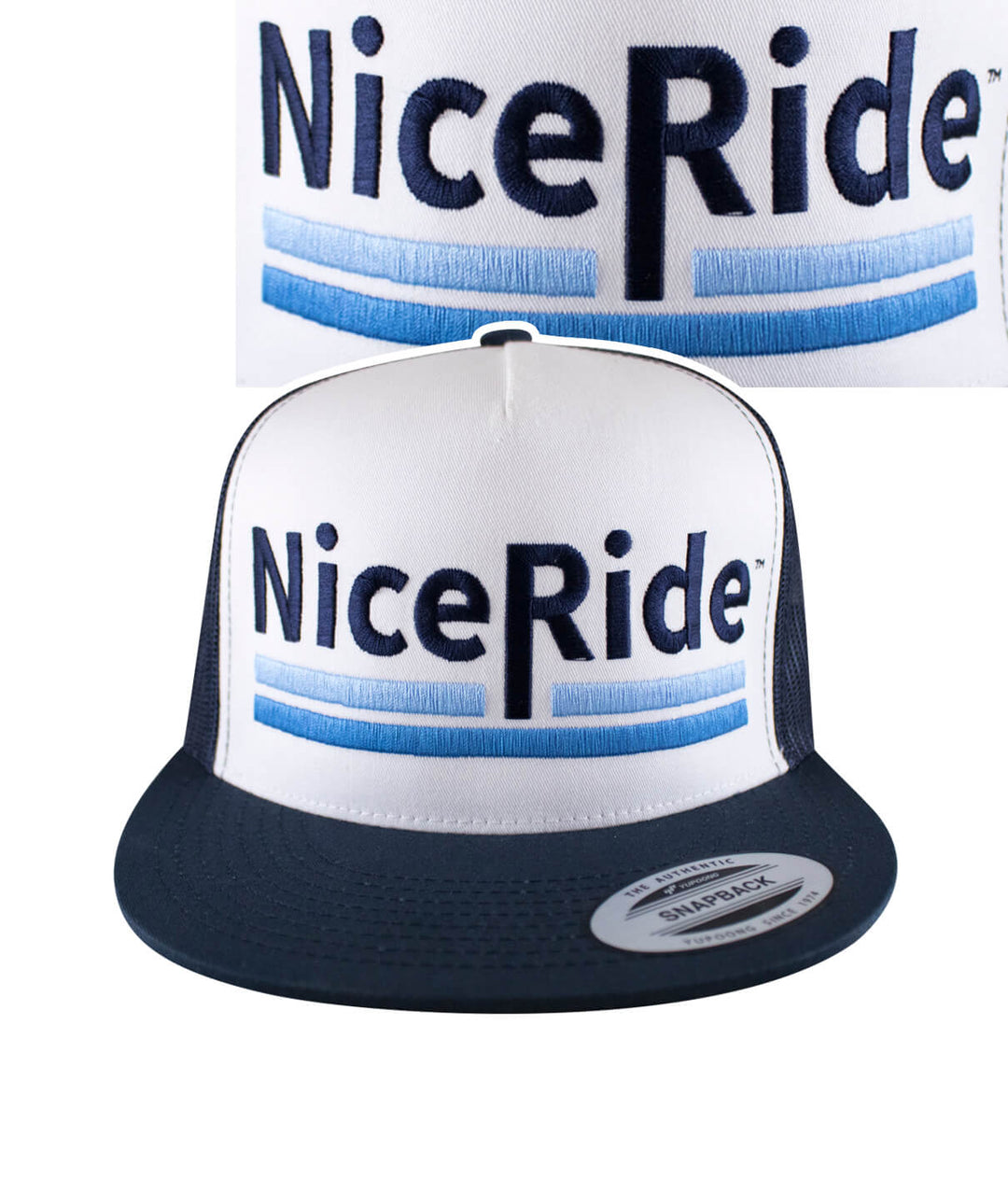 Low Tide trucker hat featuring NICERIDE logo embroidered on front and palm logo on back, classic snapback style.