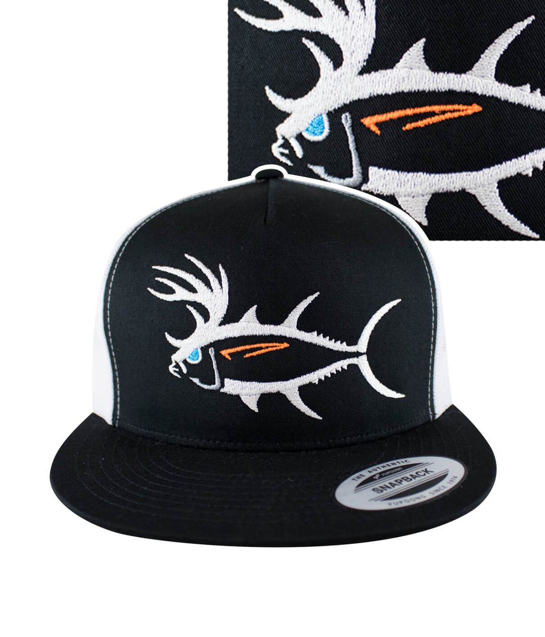 "Buck-Eye" Unisex Trucker Hat featuring embroidered fish design on front panel, perfect fishing hat for adults and teens.