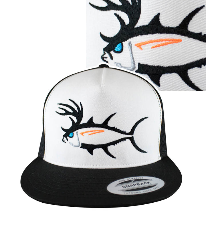 "Buck-Eye" unisex trucker hat featuring embroidered fish design, ideal fishing hat for men and women, adjustable snapback style.