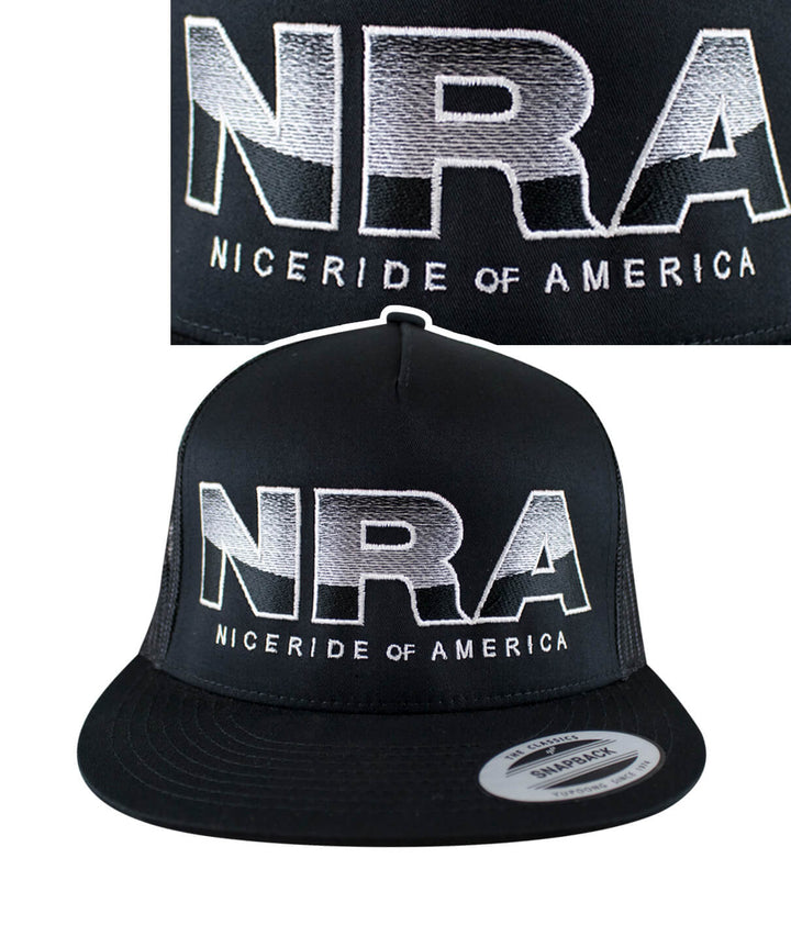 Conservative trucker hat featuring NRA logo and NICERIDE design, classic baseball cap style.