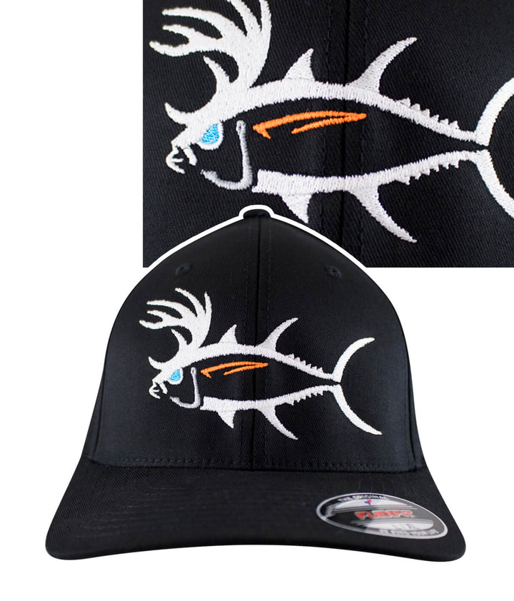 A black baseball hat with a white fish embroidered on it.