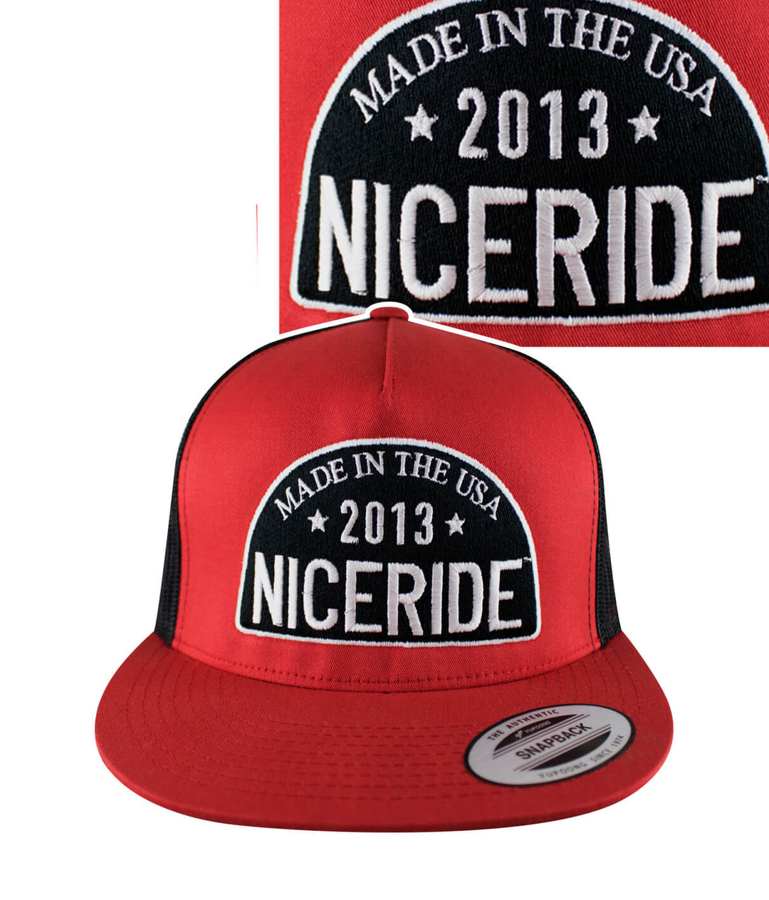 Red NICERIDE trucker hat with embroidered logo, made in the USA, featuring the focus keyword hat.